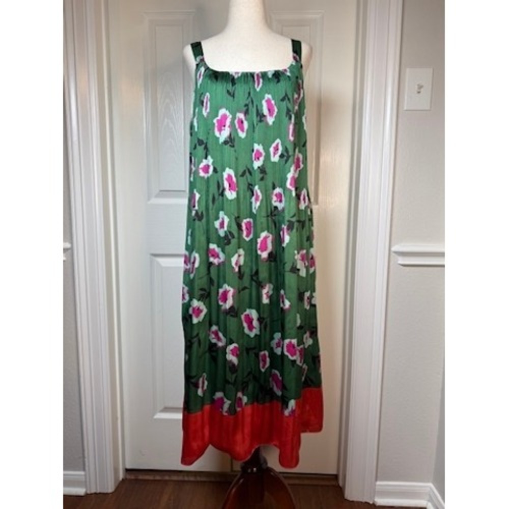 Anthropologie Green Floral Pleated Maxi Dress XS Sleeveless Square Neck